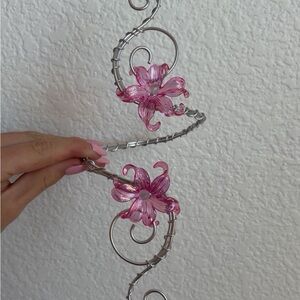 Pink Flower Arm Cuff - Silver Wire Spiral